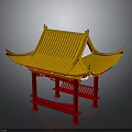 Traditional Chinese Architecture Red Pavilion With Yellow Curved Roof And Decorative Railings