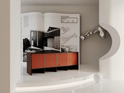 Modern Console Cabinet With Dark And Orange Design Open Magazine Spherical Decor In Bright Space 3d model