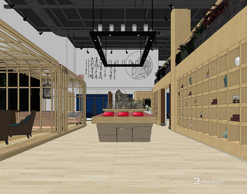 Elegant Interior Design With Wooden Shelves Displayed Items Long Table Red Decor Calligraphy Green Plants 3d model 