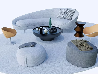 Modern Gray Sofa and Black Coffee Table Set with Orange Chairs and Cozy Gray Ottomans in Living Room 3d model