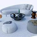 Modern Gray Sofa and Black Coffee Table Set with Orange Chairs and Cozy Gray Ottomans in Living Room