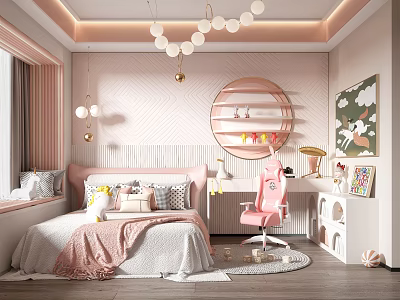 Pink Kids Room Interior With Round Mirror Bed Pink Chair Bookshelf And Decorative Painting 3d model