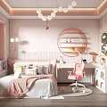 Pink Kids Room Interior With Round Mirror Bed Pink Chair Bookshelf And Decorative Painting