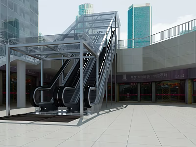 Modern Outdoor Elevator Structure With Metal Frame At Shopping Mall Entrance And Buildings 3d model
