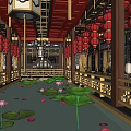 Traditional Chinese Restaurant Interior With Arched Doorway Carved Windows And Red Gold Decor