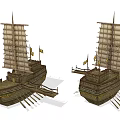 Pair Of Traditional Wooden Ships With Sails Flags Ornate Structures And Oars
