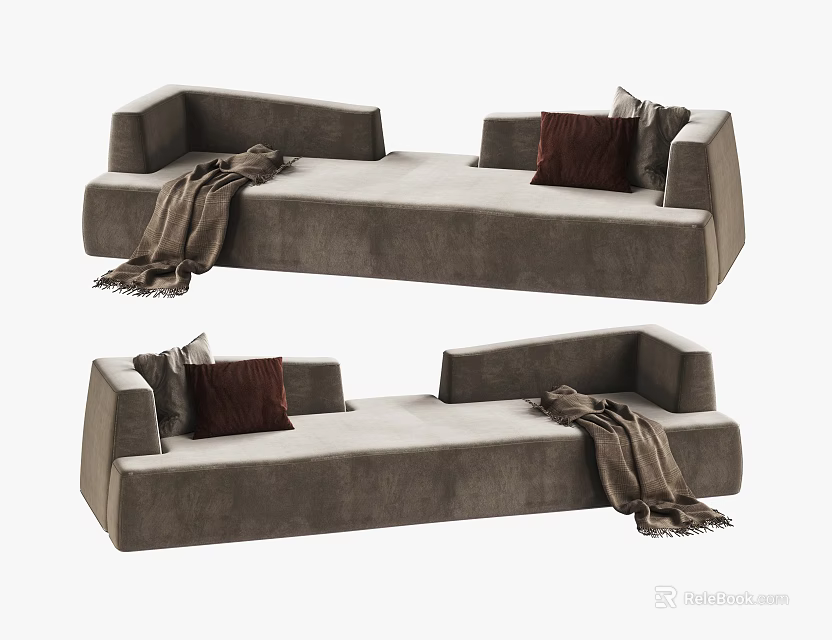 Modern Gray Sectional Sofa with Brown Pillows and Knit Throw Blanket 3d model