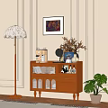 Elegant Wooden Entryway Side Cabinet with Glass Doors Drawers Coffee Machine Gramophone and Green Plant