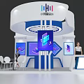 Modern Exhibition Booth with White Blue Circular Top Column Structure and Display Screens