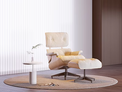 Cozy Beige Armchair with Ottoman Small Table Plant Blinds on Wooden Floor Rug 3d model