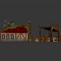 Cartoon Scene of Cozy Wooden Village with Red Roofs Green Grass Barrels and Structures