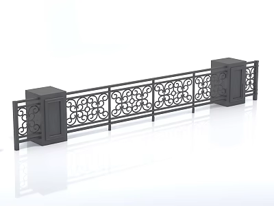 Decorative Wrought Iron Fence With Intricate Scroll Design And Square Posts 3d model