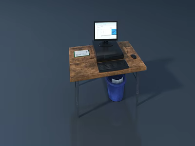 Computer Setup On Wooden Desk With Monitor Keyboard Mouse Notebook And Blue Trash Bin 3d model