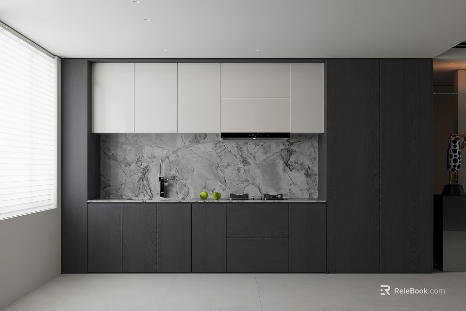 Modern Kitchen Interior Featuring Dark Gray And White Cabinets With Marble Backsplash 3d model 