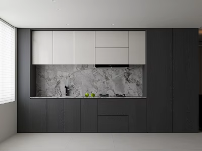 Modern Kitchen Interior Featuring Dark Gray And White Cabinets With Marble Backsplash 3d model