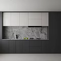 Modern Kitchen Interior Featuring Dark Gray And White Cabinets With Marble Backsplash