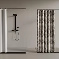 White And Patterned Shower Curtains With Modern Shower Fixture In Bathroom Area