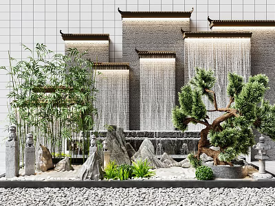 Chinese Style Garden Decor With Waterfall Bamboo Pine Tree Rocks And Pebbles 3d model