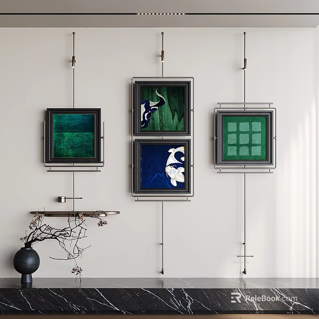 Modern Interior Decor With Framed Wall Art Colorful Paintings Black Vase And Branches 3d model 