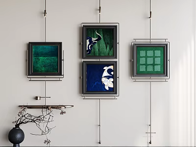 Modern Interior Decor With Framed Wall Art Colorful Paintings Black Vase And Branches 3d model