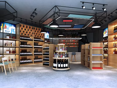 Modern Liquor And Tobacco Store Interior With Shelves Display Wine Bottles And Lighting 3d model
