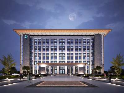 Modern Office Building Exterior Design With Plaza Trees Lighting And Glass Windows 3d model