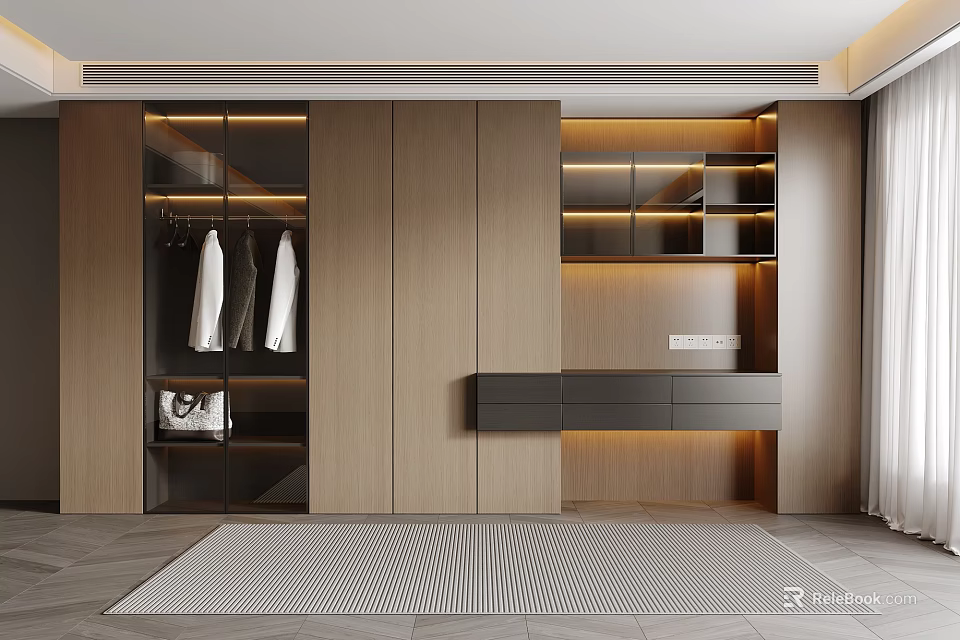 Modern Wardrobe Interior Design With Wooden Panels Glass Doors Hanging Clothes And Drawers 3d model 