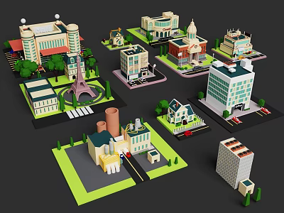 Cartoon Scenes Featuring Various Colorful Buildings Parks Streets And Small Houses 3d model