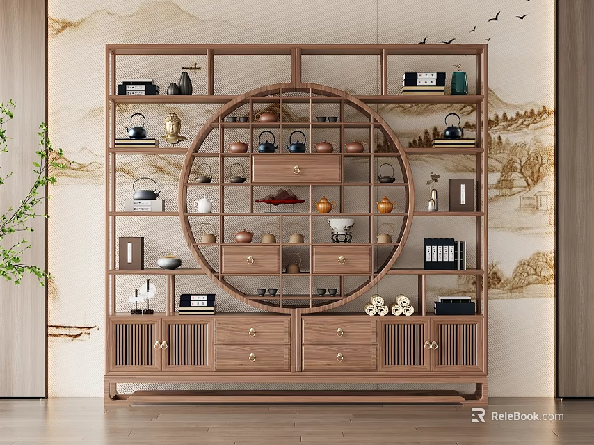 Traditional Chinese Wooden Curio Shelf With Antiques And Decorative Items 3d model 