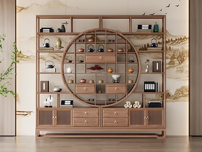 Traditional Chinese Wooden Curio Shelf With Antiques And Decorative Items 3d model