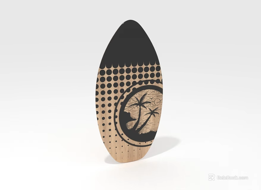 Black Top Light Wooden Bottom Surfboard With Dot Pattern And Palm Tree Design 3d model 