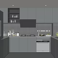 Modern Gray Kitchen Interior With Cabinetry Range Hood Stove Sink And Tiled Backsplash