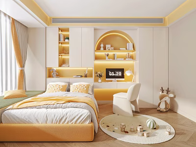 Modern Kids Room Interior Design With Orange White Tones Bed Storage Cabinets And Toy Rug 3d model