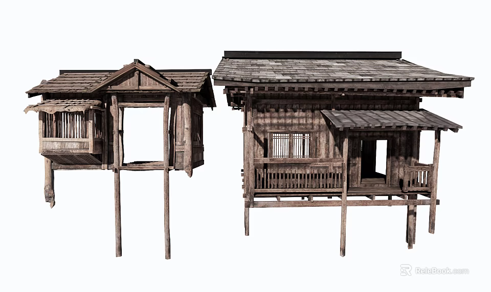 Traditional Wooden Stilt House Themed Commercial Complex Architectural Design Features 3d model 
