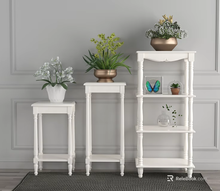 White Decorative Flower Stands with Potted Plants and Decorative Items Against Gray Wall Background 3d model 