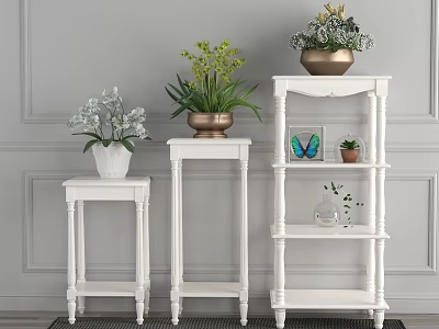 White Decorative Flower Stands with Potted Plants and Decorative Items Against Gray Wall Background 3d model