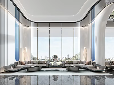 Modern Elegant Lounge Area With Floor to Ceiling Windows Comfortable Sofas And City View 3d model