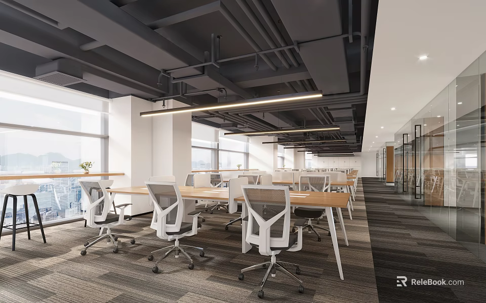 Modern Public Office Space Interior With Open Layout Wooden Desks Ergonomic Chairs And Natural Light 3d model 