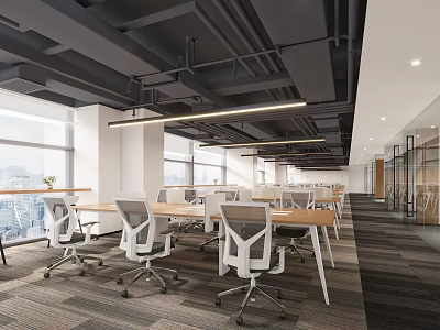 Modern Public Office Space Interior With Open Layout Wooden Desks Ergonomic Chairs And Natural Light 3d model