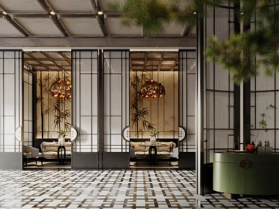 Traditional Chinese Restaurant Interior With Wooden Screens Pendant Lights Green Plants And Patterned Floor Tiles 3d model