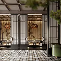 Traditional Chinese Restaurant Interior With Wooden Screens Pendant Lights Green Plants And Patterned Floor Tiles