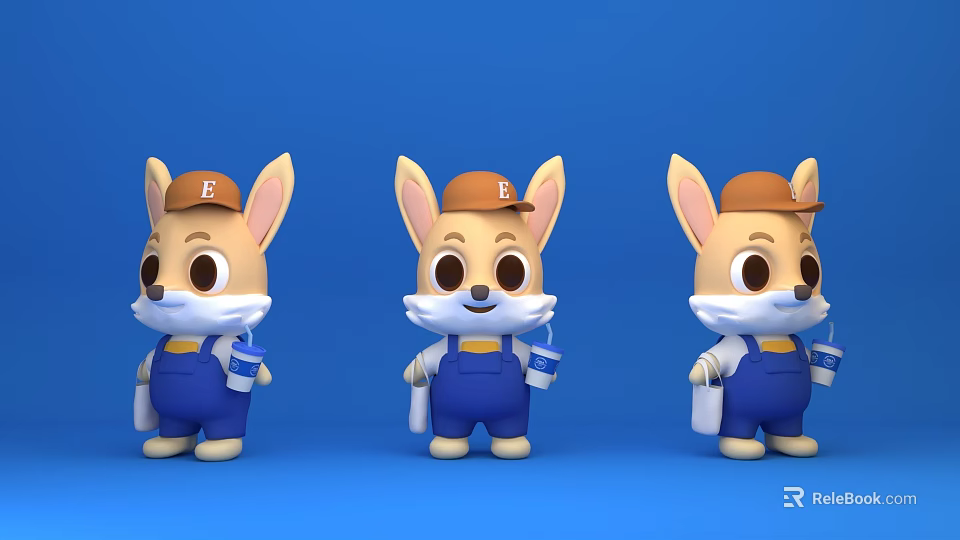 Cartoon Rabbit Game Characters in F E C Hats Blue Overalls Holding Cups Blue Background 3d model 