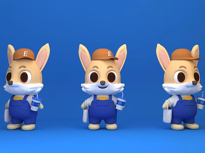 Cartoon Rabbit Game Characters in F E C Hats Blue Overalls Holding Cups Blue Background 3d model