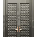 Metal Double Doors In Dark Gray And Golden Tone With Geometric Patterns Gold Handles