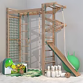 Indoor Playground Equipment With Wooden Climbing Net Rings And Slide