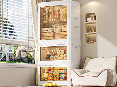 White Multi Layer Storage Cabinet With Transparent Doors In Cozy Living Room Interior 3d model