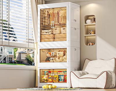 White Multi Layer Storage Cabinet With Transparent Doors In Cozy Living Room Interior 3d model