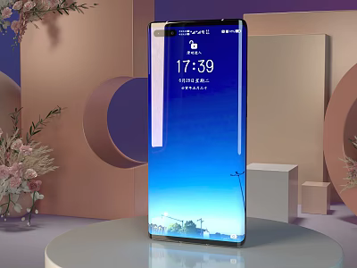 Modern Digital Smartphone With Blue Screen Time Display And Decorative Background 3d model
