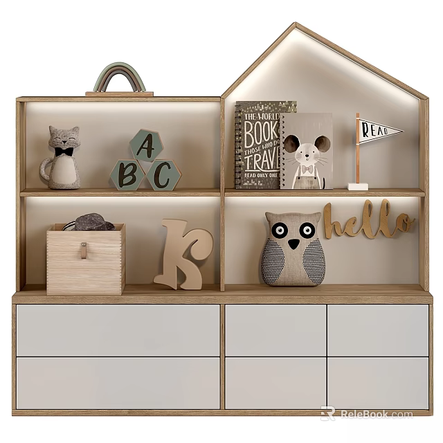 Wooden Kids Bed with Rainbow Shelf ABC Blocks Owl Plush and Hello Sign 3d model 