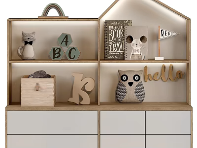 Wooden Kids Bed with Rainbow Shelf ABC Blocks Owl Plush and Hello Sign 3d model